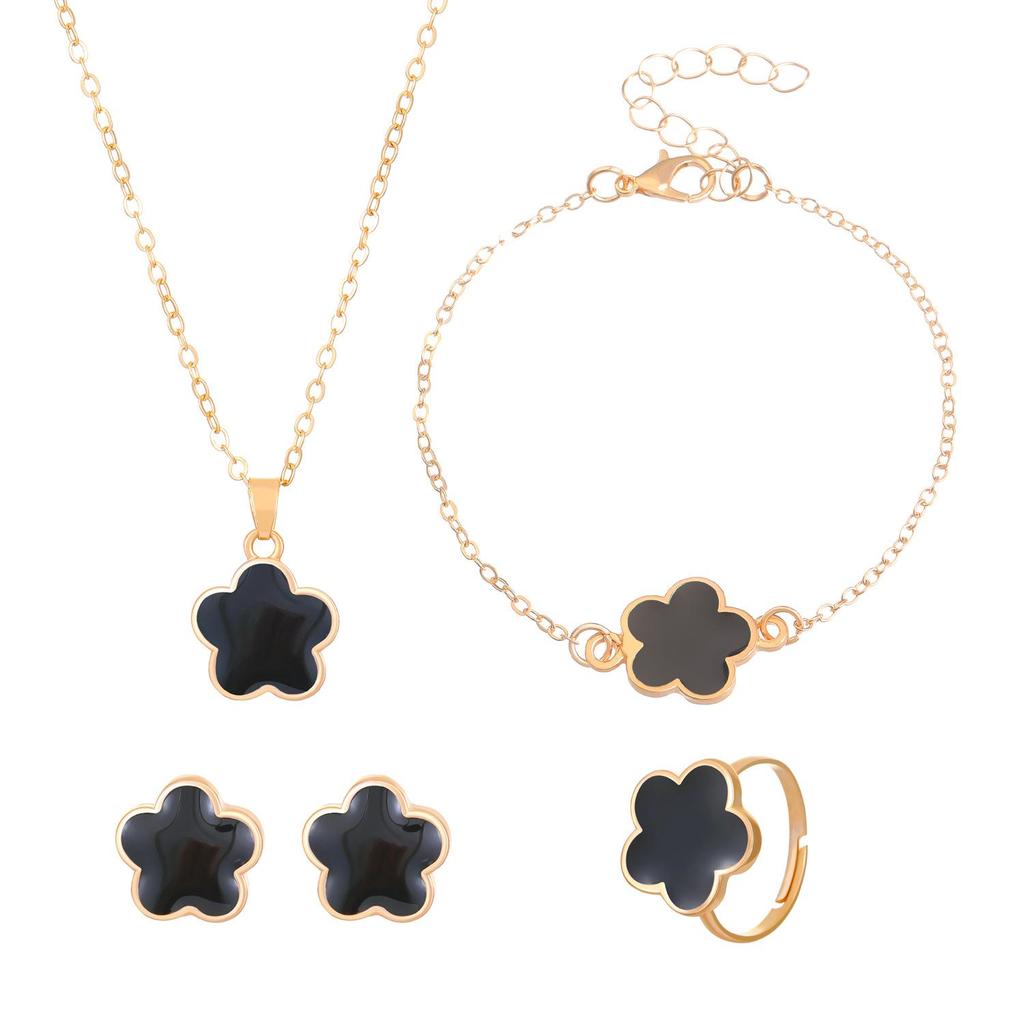 Women's Korean Five-Leaf Clover Jewelry Set: Simple Petal Necklace, Five-Leaf Flower Bracelet, Ring, Earrings (4-Piece Set)