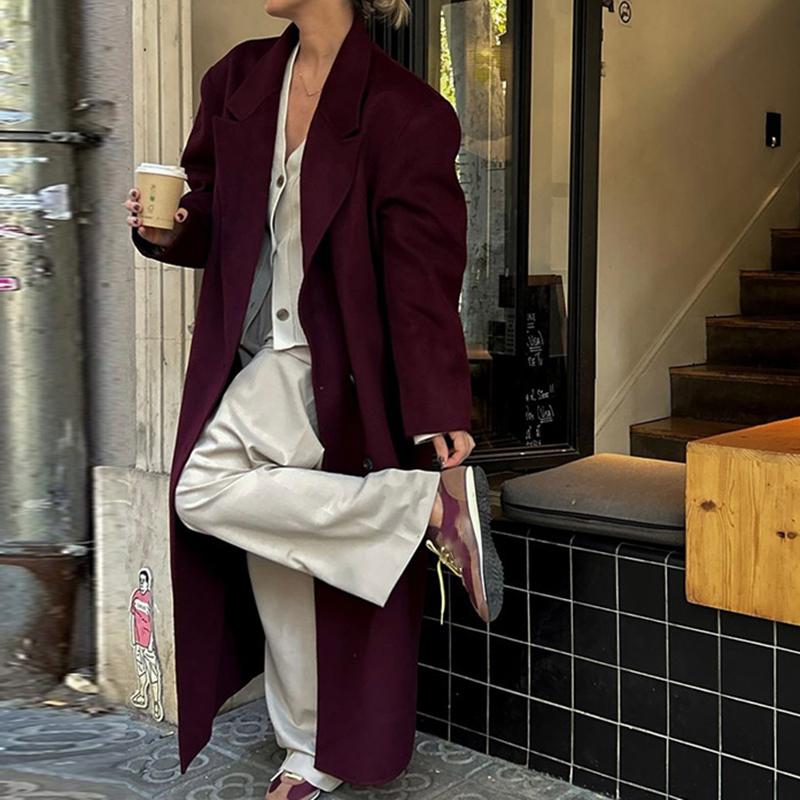 Women's Fashion Double Breasted Lapel Thicken Long Coat Pockets Long Sleeves Overcoat Winter Loose High Street Outwear