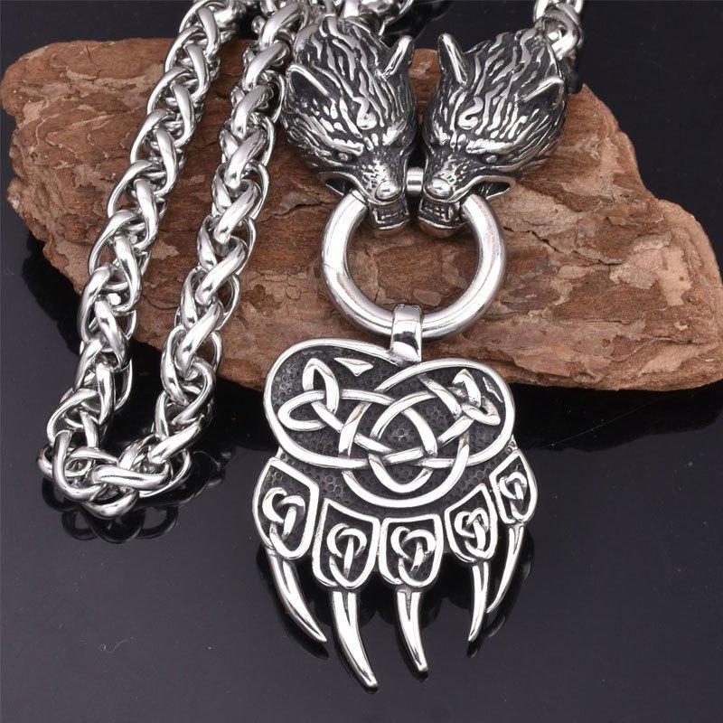 One Nordic men s Viking bear paw and wolf head pendant necklace, a fashionable and trendy necklace, a punk hip-hop party accessory.