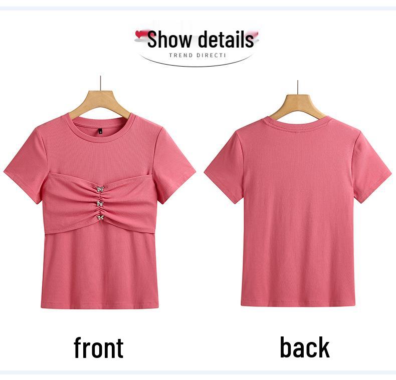 2026 Spring/Summer Butterfly Bead Slim-fit T-shirt: New Arrival, Fashionable Solid Color, Short Sleeve, Korean Style Top.
