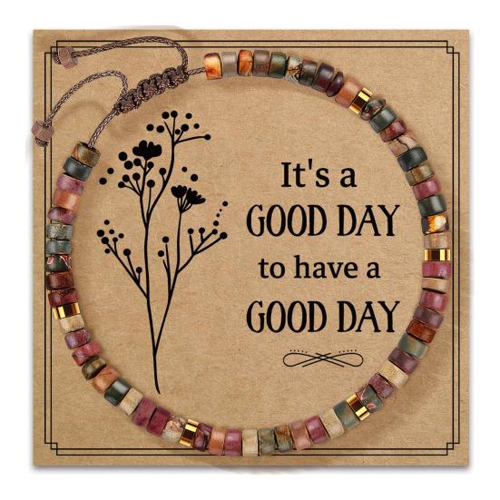 Boho Wood Bead Bracelet Wooden Flat Beads Bracelet Adjustable Friendship Bracelet with Inspirational Card Gift for Men Women