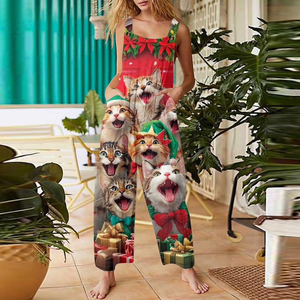 Women's Casual Christmas Printed Jumpsuit Sleeveless Printed Cotton Jumpsuit