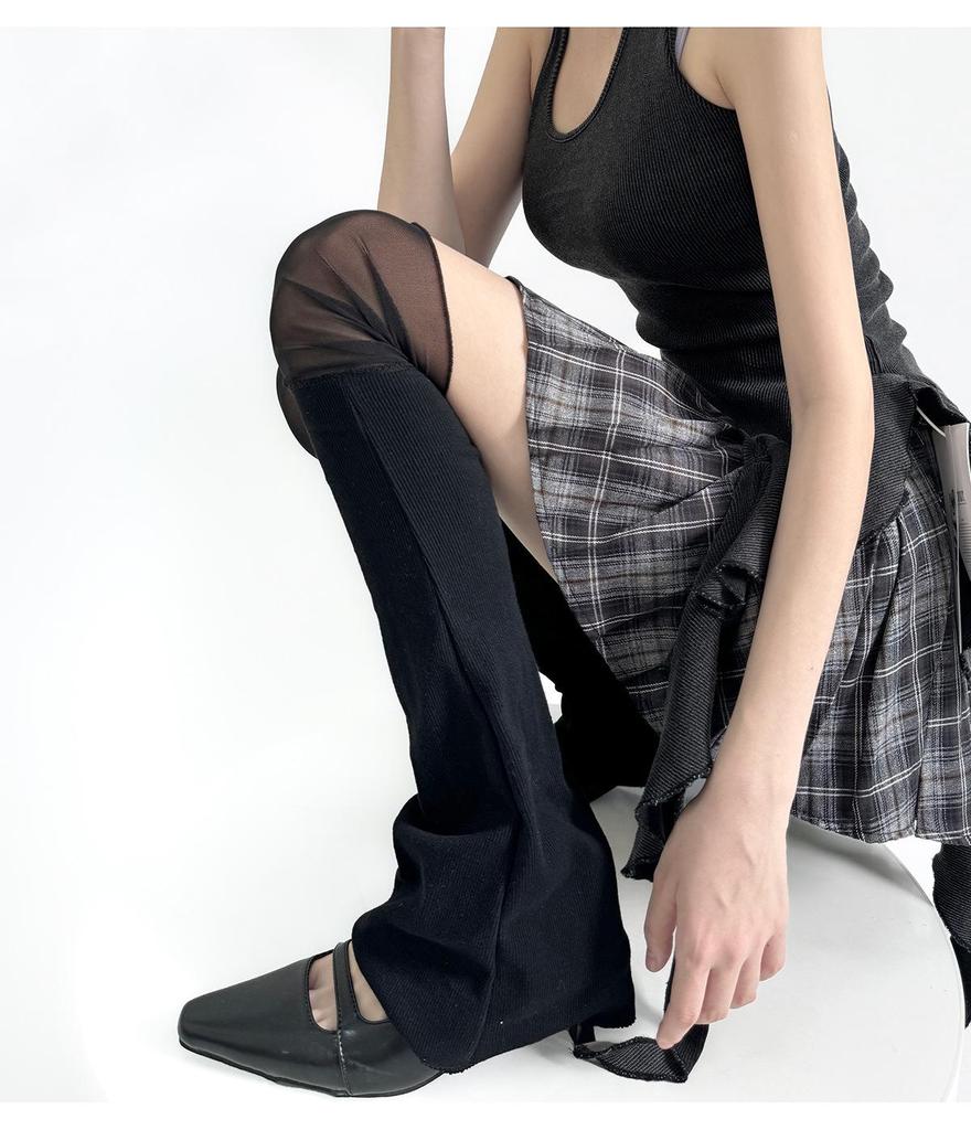Japanese Style Mesh Patchwork Flared Leg Warmers - Light Gray Knit & White Ruched Tube Socks