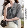 Houndstooth Short Loose Everyday Summer [Bidason] Women's Blouse, Shirt, Chiffon, Pattern, Bowtie, Stylish, Cute, V-Neck, Adult, Feminine, Thin,