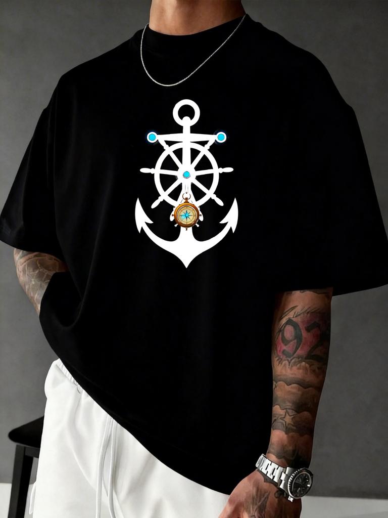 Unisex White Crew Neck Tee Anchor Ship Wheel Compass Print Loose Oversized Short Sleeve Unisexs Streetwear Summer Casual Basic Top