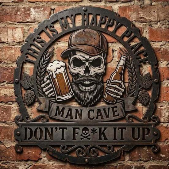 Wall Decoration Metal Art Sign with Skull Slogan Design Pre-Drilled Holes Easy Install Decorative Plaque Rustproof Decor for Garage, Workshop,