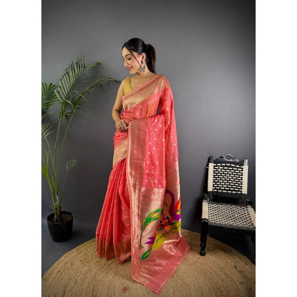 Paithani Sari Schweres Gewebe Mina Butti mit Weberei Jari und attraktiver Farbkombination Pallu.| GESAMTE Farboptionen : 12