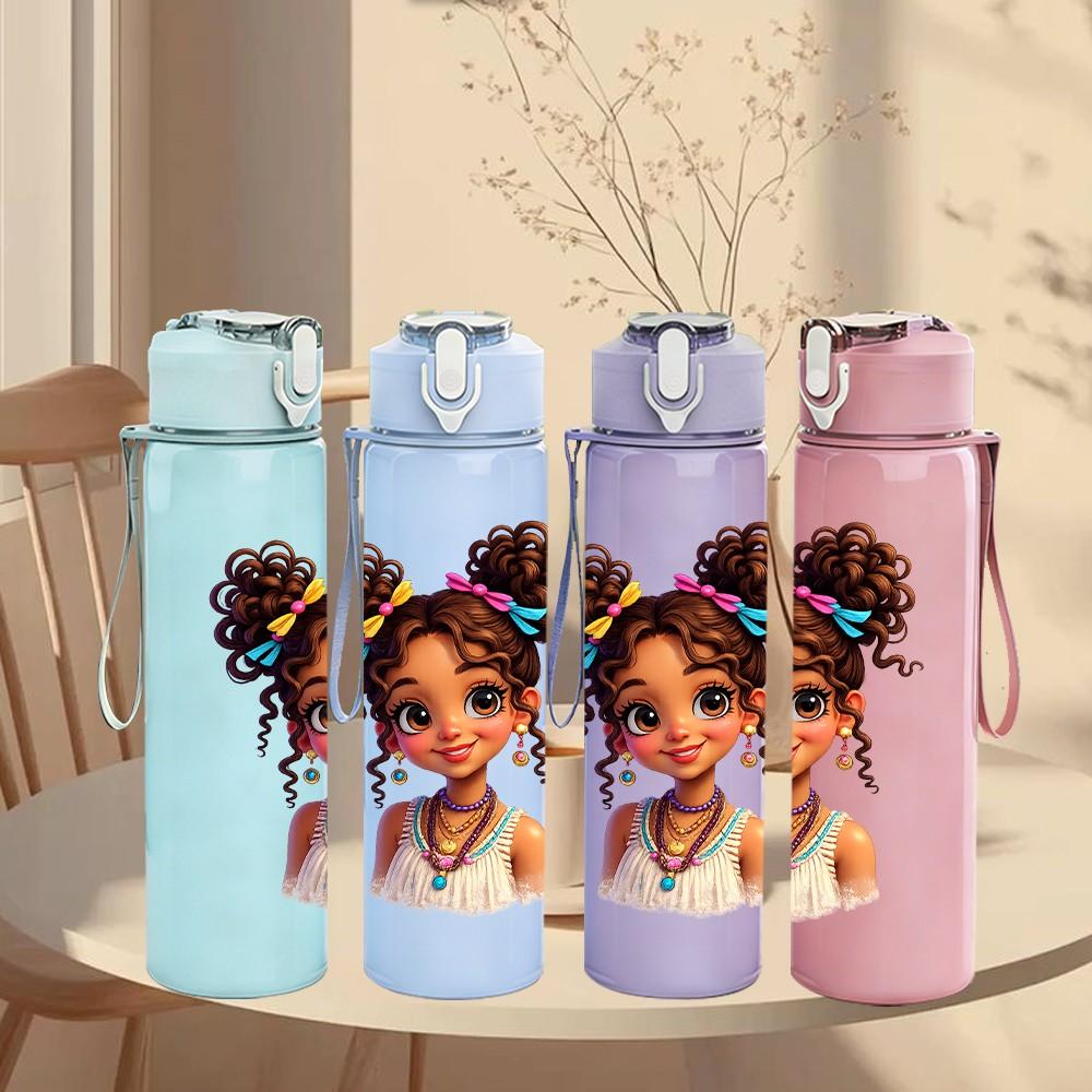 1PC Cute Little Girl Braided Hair Portrait Print 750ml Color Plastic Sports Water Bottle Leakproof Flip Straw Lid Suitable for Sports Office Home Use