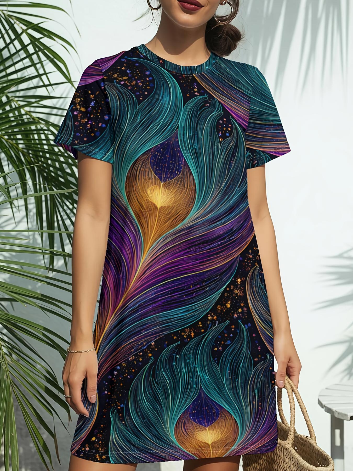 

Women s Peacock Print Short Sleeve T-Shirt Dress - Round Neck Casual to Dressy Blouse Dress. Spring Summer Outfits Suitable for Daily Wear. Dates. Bir XS дубильная кора