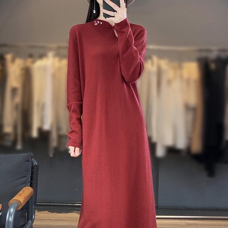 Women's Cashmere Dress Qinghe Cashmere 70% Wool 30% Cashmere Women's Autumn and Winter Cashmere Dress Soft and Warm