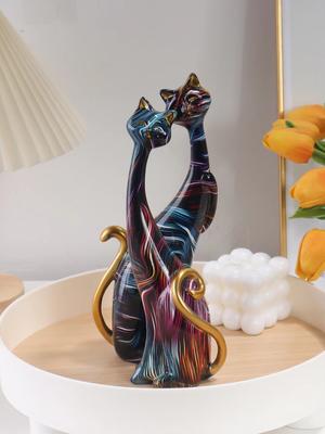Sculpture Créative de Chat de Couple Aquarelle Matériau Résine Œuvre d'Art Décorative pour la Maison Chambre à Coucher Salon Entrée Couloir Figurine