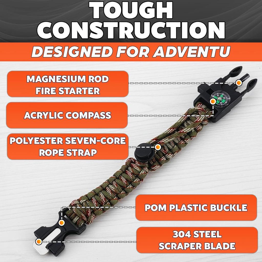 Braccialetto di Sopravvivenza in Paracord 5-in-1 Braccialetto da Polso Multifunzionale di Emergenza per Campeggio Escursionismo Avventura
