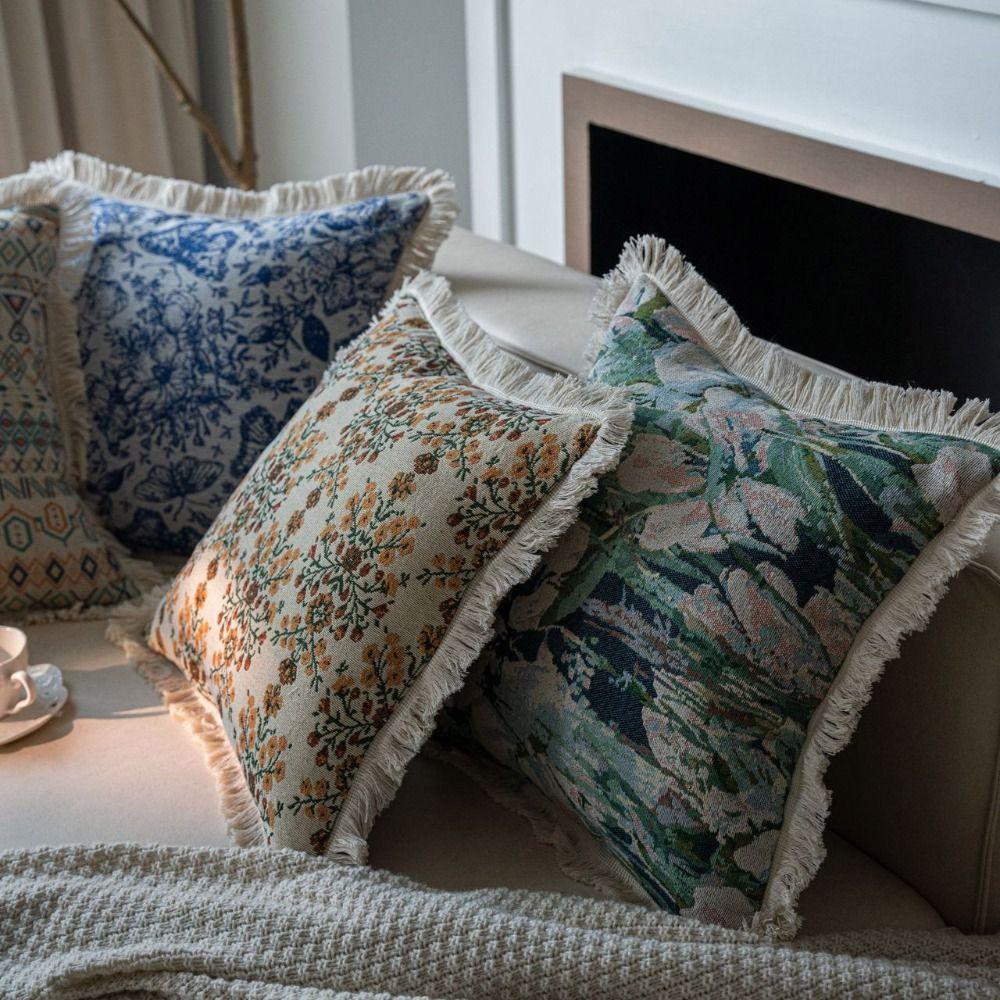 Oil Painting Jacquard Throw Pillowcase Tassel Cushion Cover Comfortable Throw Pillowcover  Sofa/Bed