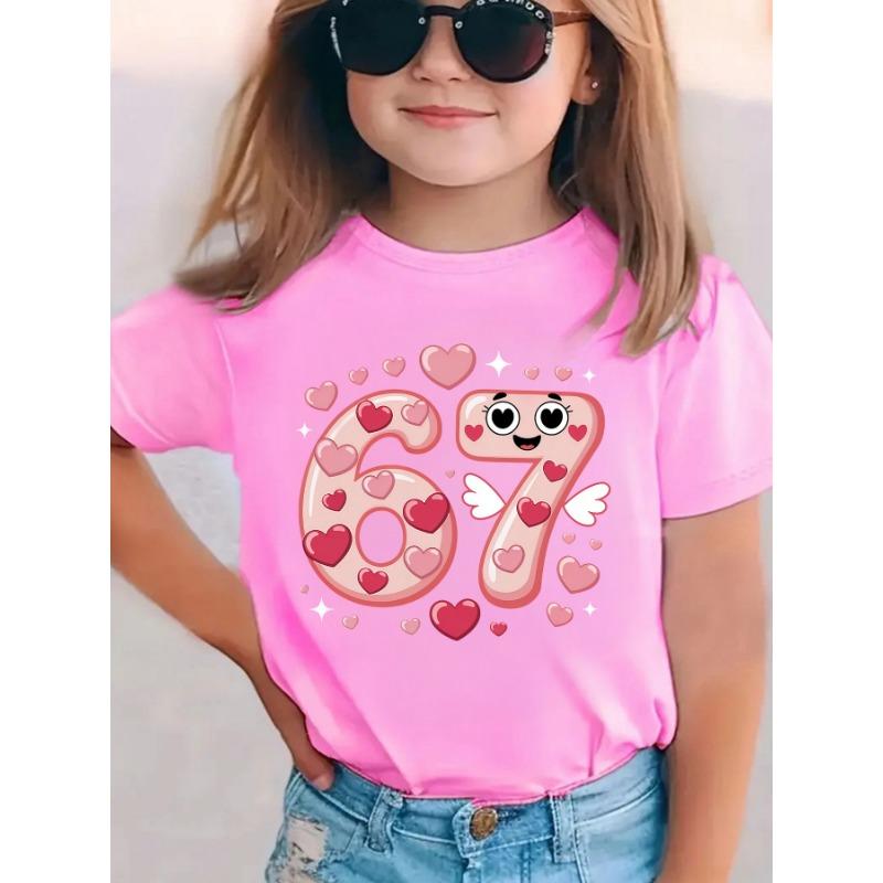 European sizes Summer Short Sleeve Girls' T-Shirt with Heart & Winged 6/7 Number Print - Cute Round Neck Blouse for - Casual Top