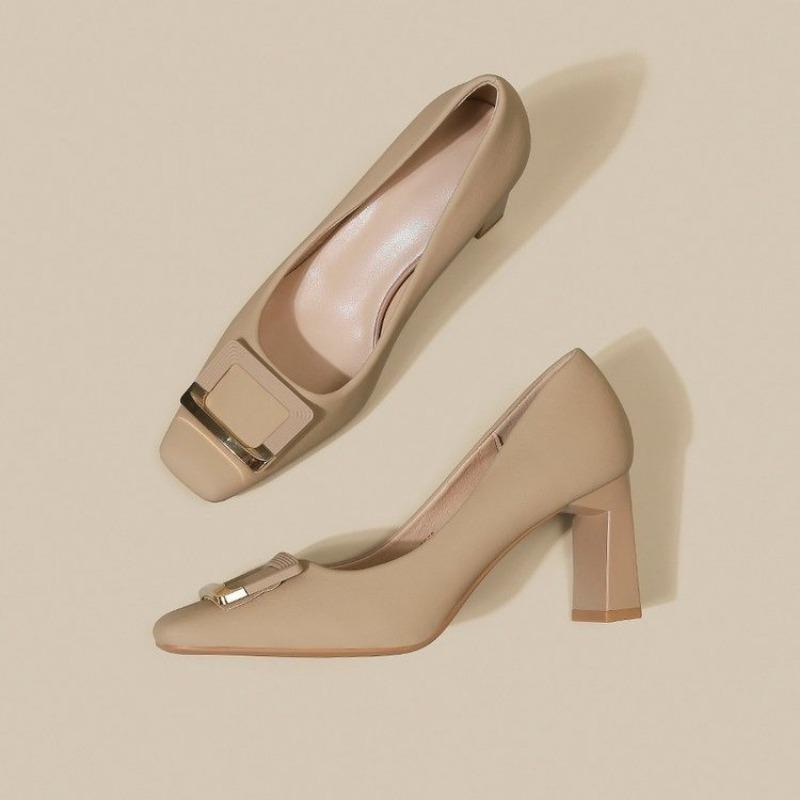 Fashion Spring new square head thick heels women's shallow mouth buckle single shoes professional shoes high heels