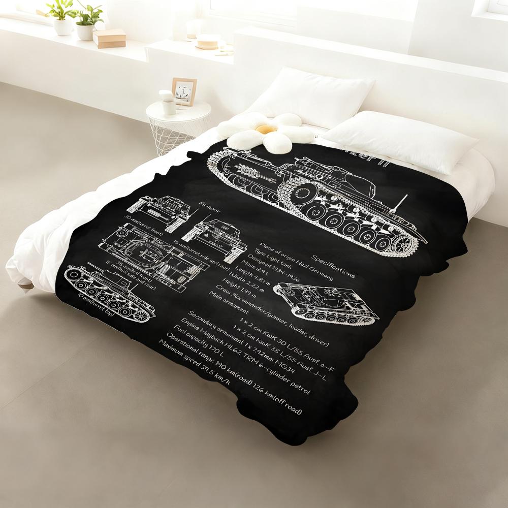 Tanks Blueprint Black  Heavy Tank Throw Flannel Fluffy Soft Blanket Warm Skin-Friendly Throw for Sofa Bed Office Nap Winter