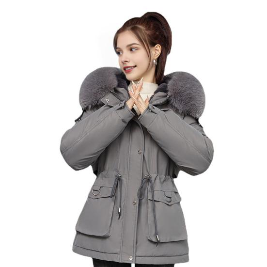 Women Winter Coat Thick Plush Furry Hooded Long Sleeves Pockets Drawstring Waist Zip-up Windproof Mid Length Overcoat Outdoor Outwear