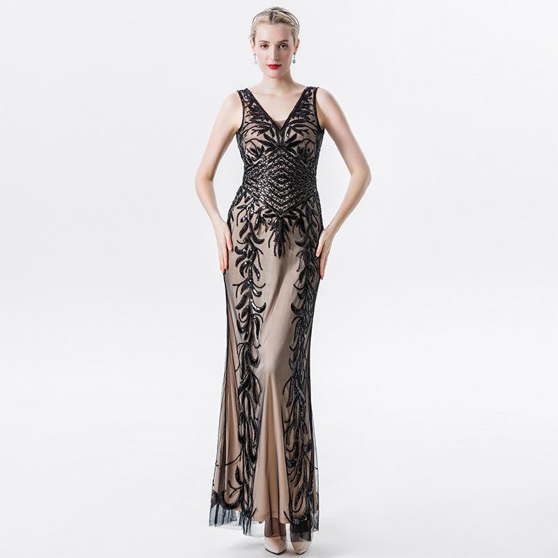 Elegant Sequin Double V-Neck Fishtail Dress XL розовый/чёрный