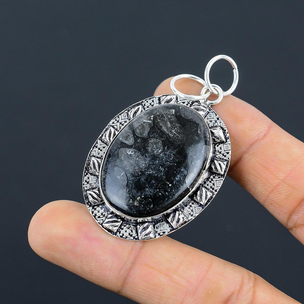 Oval Black Fossil Coral Gemstone 925 Silver Trendy Sister Anniversary Pendant