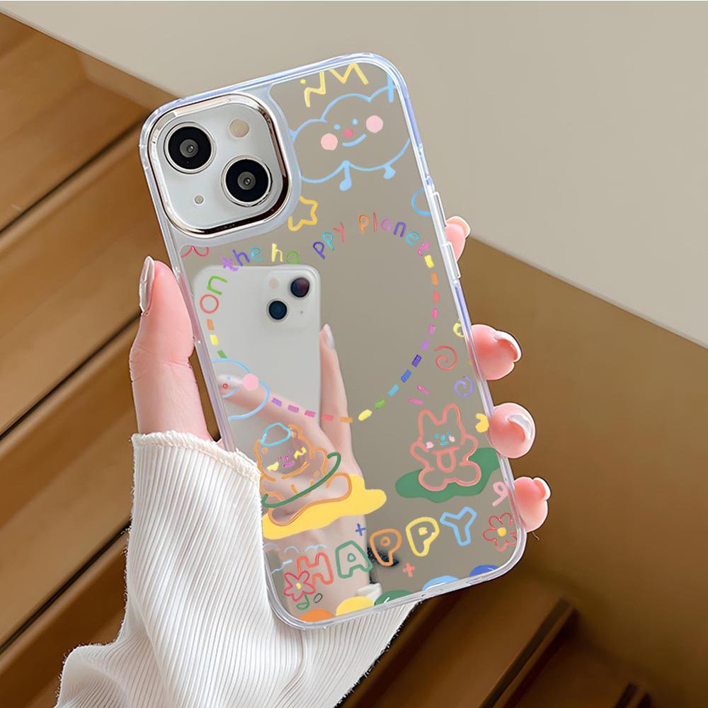 Creative Love Graffiti Makeup Mirror iPhone16Pro Mobile Phone Case Apple 15/14promax Protective Case