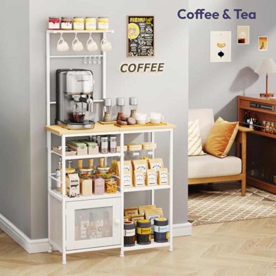 Bakers Rack with Storage Coffee Bar Cabinet Organizer with 8 Hooks Shelves Cabinet Door Coffee Station for Kitchen Dining Room