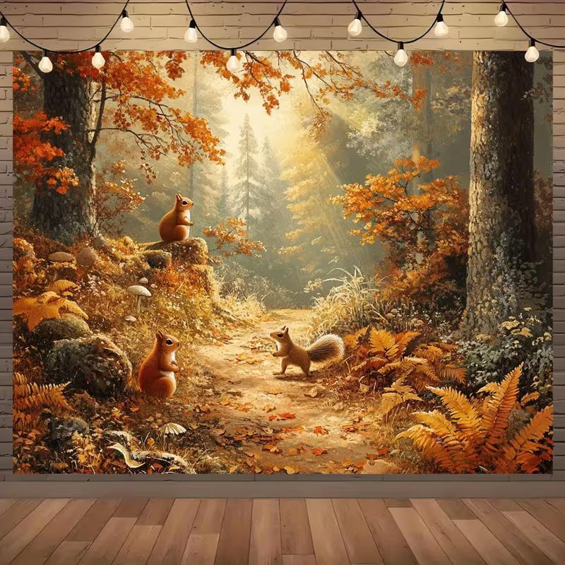 

2D Misty Autumn Forest Squirrel Backdrop, Fall Nature Scene Background for Themed Events & Studio Shoots 47.2x31.5inch/120*80cm
