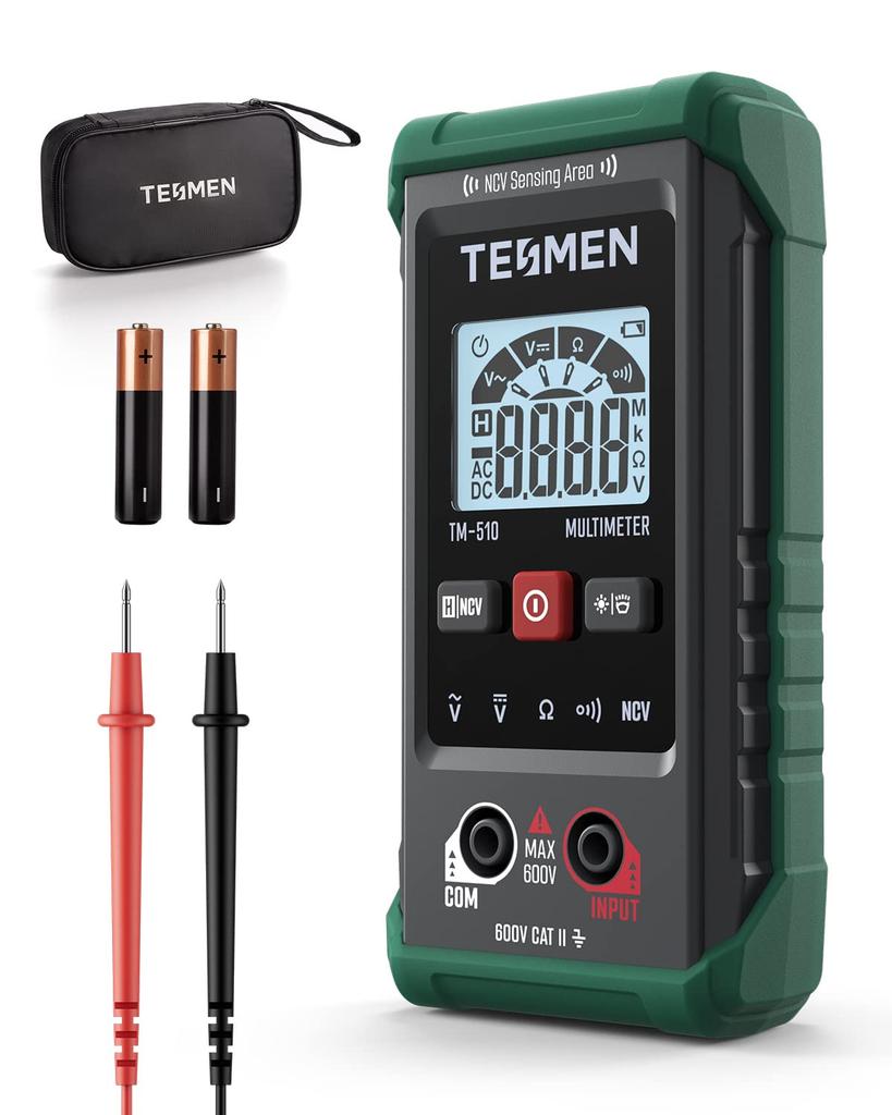 TESMEN Digital Compact Multimeter with Smart Measurement and Voltage and Continuity Green TM-510 Tester, 4000-Count Auto-Range Non-Contact Detection,