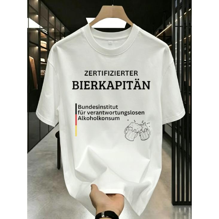 Men's White Short Sleeve Crew Neck T-Shirt with German Beer Captain Graphic Print, Soft Cotton Blend for Casual Daily Wear and Party Outings