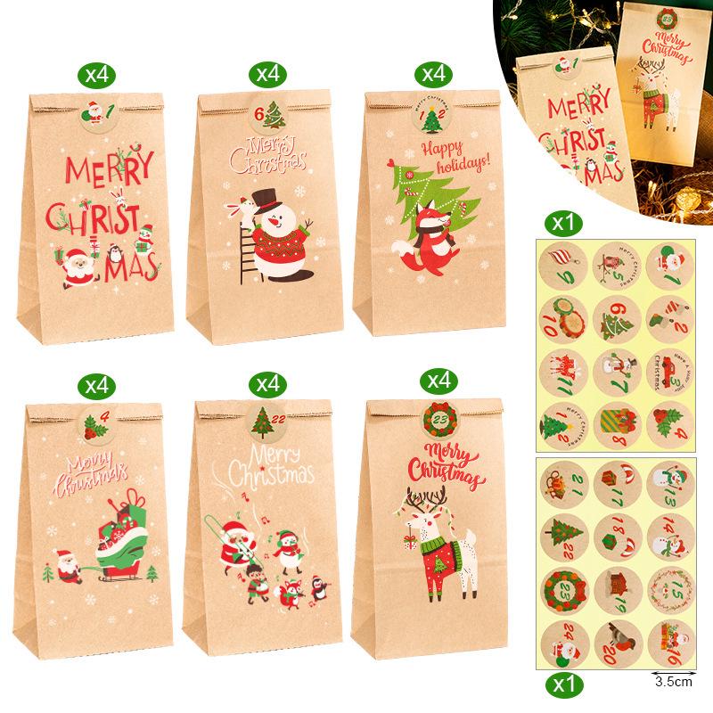 Christmas Gift Bags with Stickers - 24 Sets Advent Calendar Candy Paper Bags