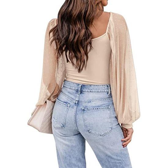 GMXIA Summer Women Fashion See-through Lantern Sleeve Stitching Slim-fit Top Woman
