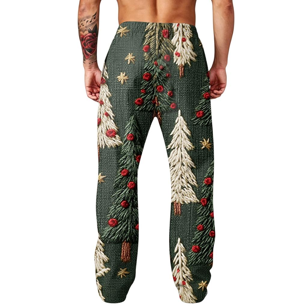 Men's Fashion Casual Loose Wide Leg Christmas Print Sweatpants with Pockets for Holiday