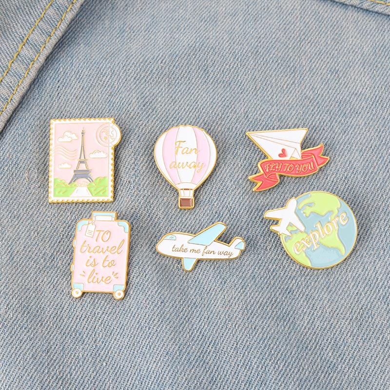 Cartoon Plane Earth Air Balloon Enamel Pin Brooch Cartoon Women Men Denim Jackets Lapel Pins Backpack Badges Kids Fashion Je