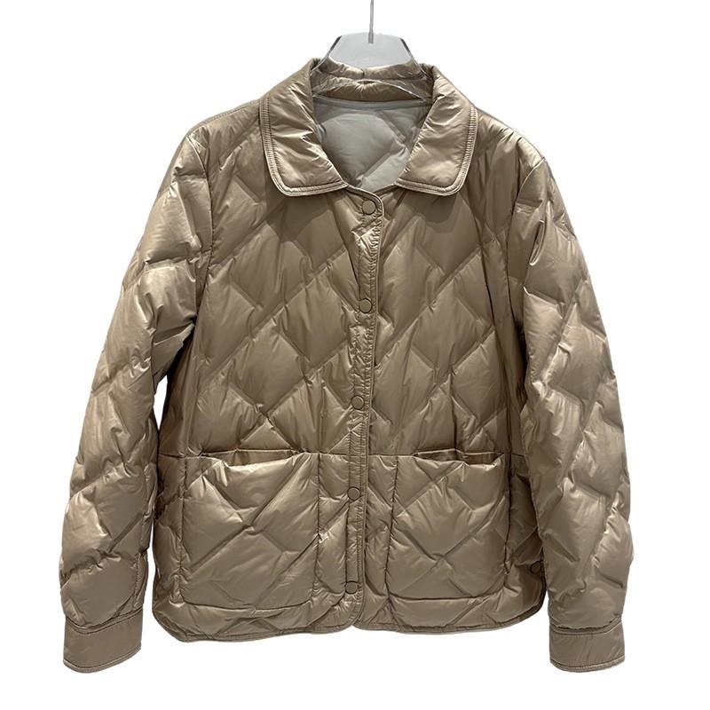 Autumn and Winter Small Lapel Collar Fashion Rhombus Grid Pressed Glue Short Double-sided Wear White Duck Down Jacket Women's Winter Coat