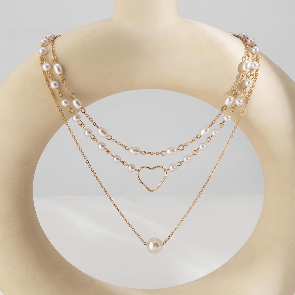 Versatile Geometric Round Bead Chain Stacked Necklace, Niche Imitation Pearl Hollow Love Necklace