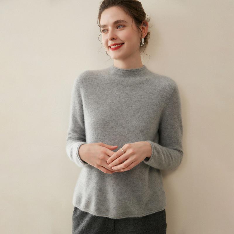 Women's Pure Cashmere Half-High Neck Sweater, Solid Color, Loose Long Sleeves, Autumn/Winter Collection.