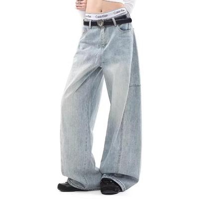 ICH MODE Washed Retro Straight Wide-Leg Jeans for Women