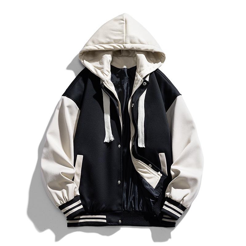 Men's Hong Kong Style Color Block Hooded Baseball Jacket - Trendy Brand, Faux Two-Piece, Plus Velvet Warmth, 2023 Edition