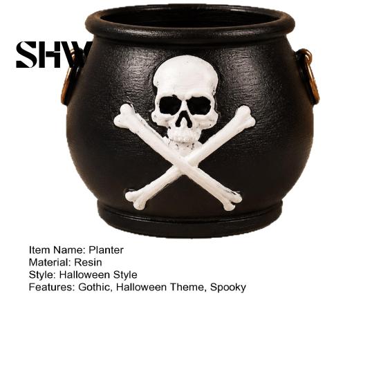 Skull Planter Pot Witches Cauldron Planter, Halloween Flower Pot, Gothic Resin Haunted House Prop Black Candy Bowl for Herbs, Indoor, Outdoor