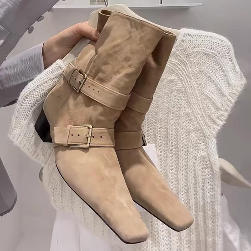 Nische Wildleder Blockabsatz Gürtelschnalle Blockabsatz kleine eckige Spitze Stiefeletten dünne Stiefel Damen Herbst und Winter Western Cowboy Stiefel