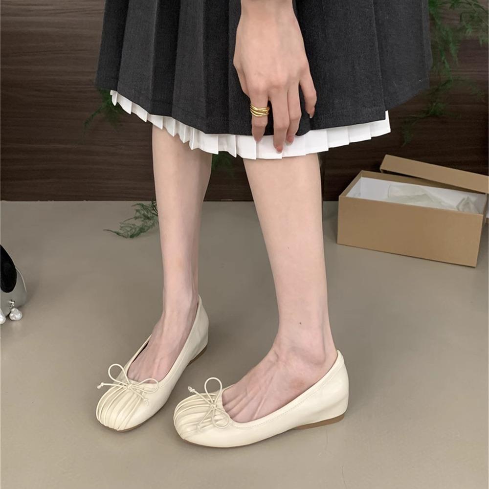 Niche pleated square head shallow mouth bow single shoes women's 2025 autumn new retro inner heightening soft-soled grandma shoes
