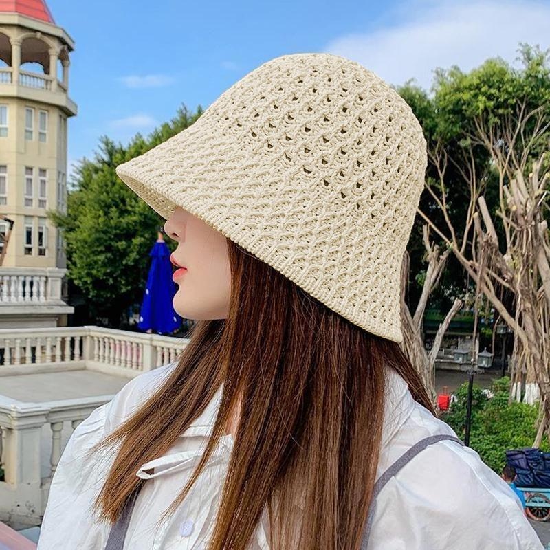 New Summer Handmade Hollow Knitted Crochet Floppy Hats Collapsible Dome Bucket Hat Solid Color Beach Caps Simple Soft Women Hat