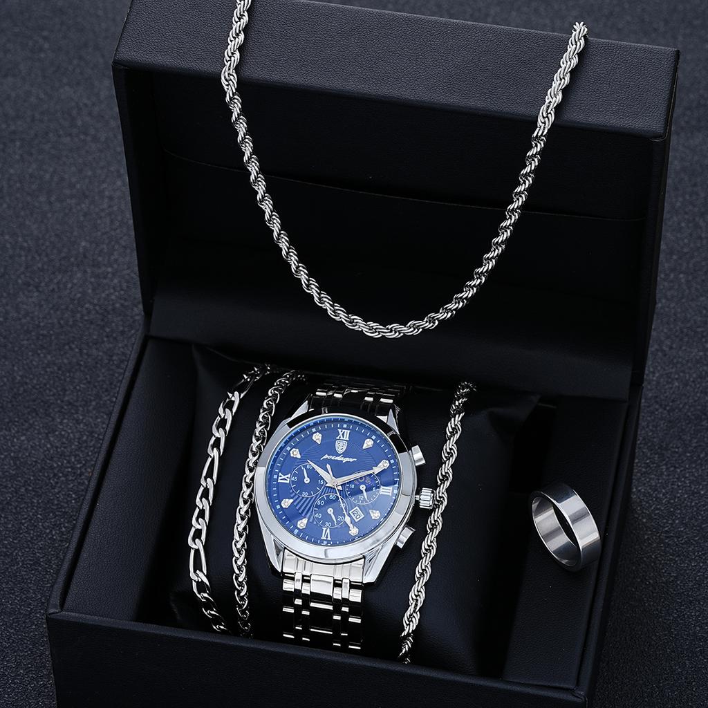 6 Pcs Set Men's Stainless Steel Watches Business Luxury Quartz Wristwatch Calendar Clock Casual Watch Necklace Bracelet Ring Set