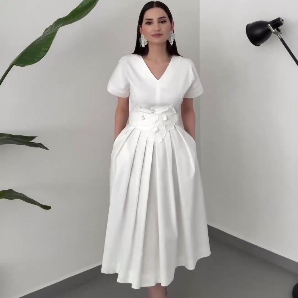 2024 Summer Women's V-Neck Waist-Tie A-Line Dress - European & American Style