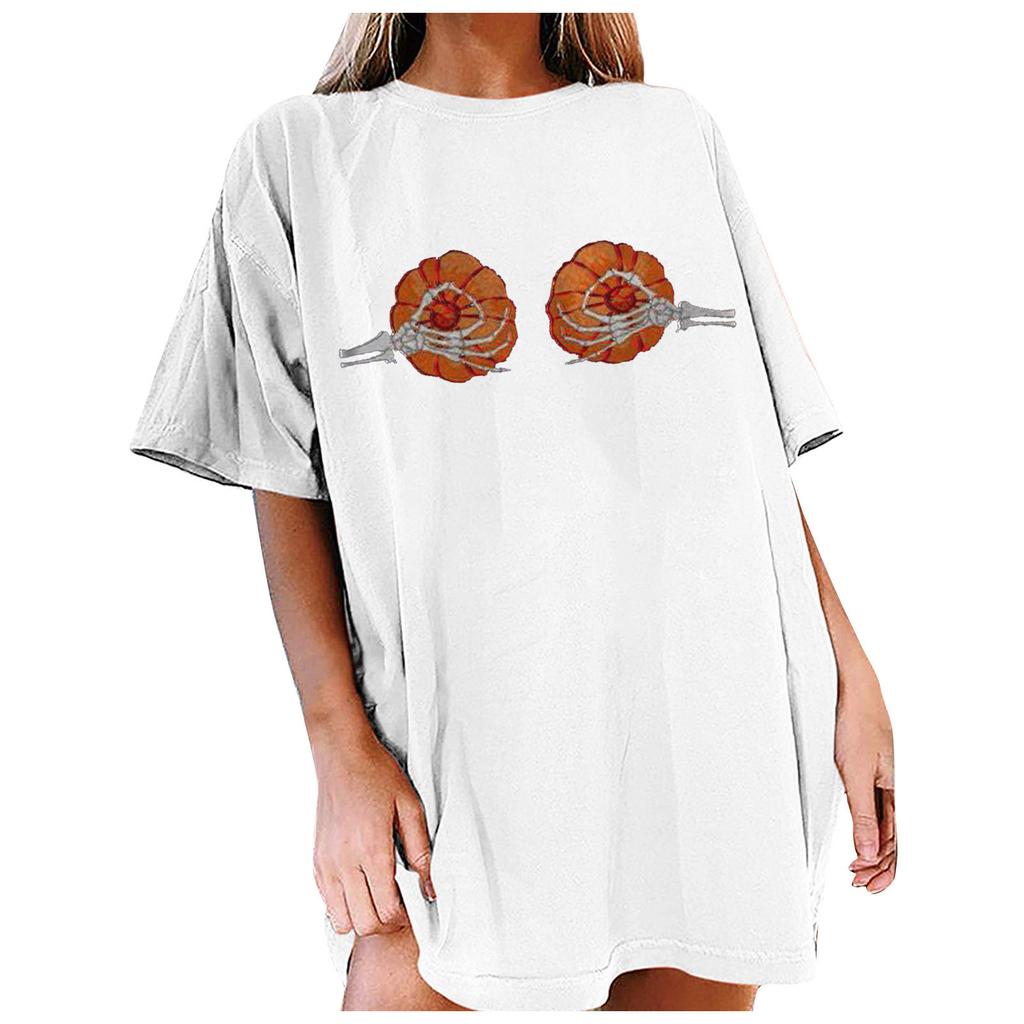 Women's Loose Blouse Round Neck Short Sleeve Halloween  Print T-shirt Top