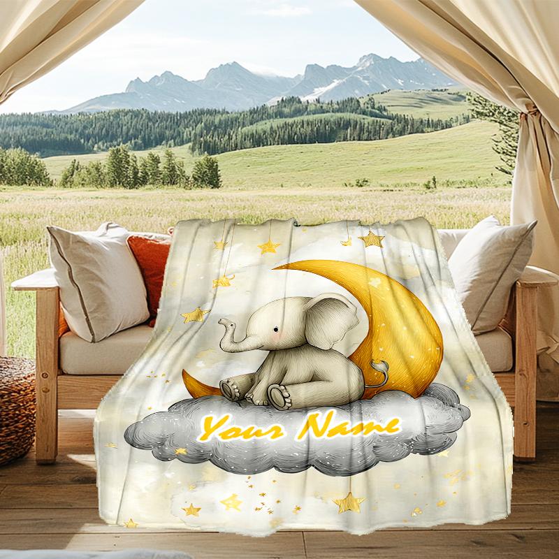 1PC Custom Name Elegant Elephant Moon Night outdooor Flannel blankets Throw Blanket All-Season Throw Gift Bedspread for Couch, Bed, Camping Holiday Bi