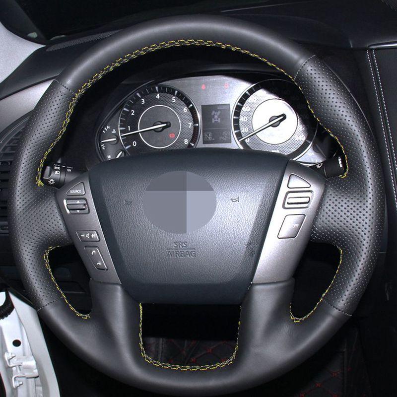 Black PU Artificial Leather Hand-stitched Car Steering Wheel Cover for NV Cargo Nissan Patrol Armada NV Passenger (US) Titan