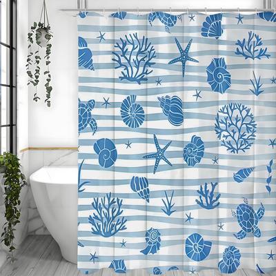 Blue Shell Starfish Coral Shower Curtain, Bathroom Decorative Shower Curtain, Waterproof Shower Curtain with Hooks
