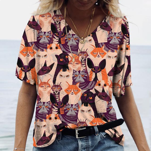 Women Cat Print Women's T-Shirt Oversized T-Shirt Top Women Clothing Design Plus Size V Neck Tee Casual