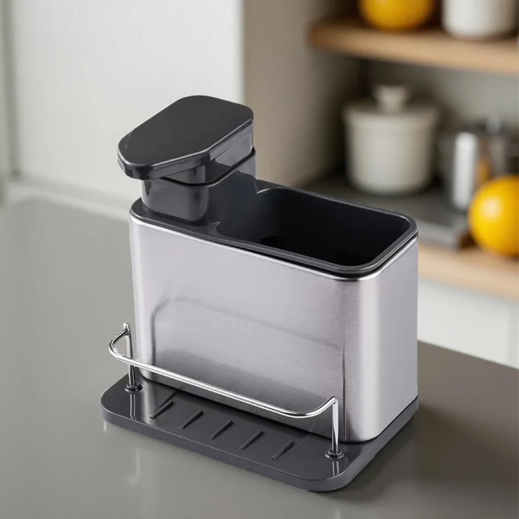 Kitchen Soap Dispenser Rustproof Drainer Rack Sponge Holder Stainless Steel Soap Dispenser 3-in-1 Sink Organizer Tray