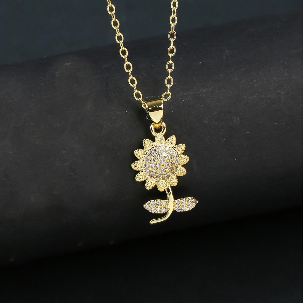 Classic Sunflower Rose Zirconia Pendant Necklace Celebrate Love, Loyalty Botanical Jewelry for Women Girl Party Summer Gift